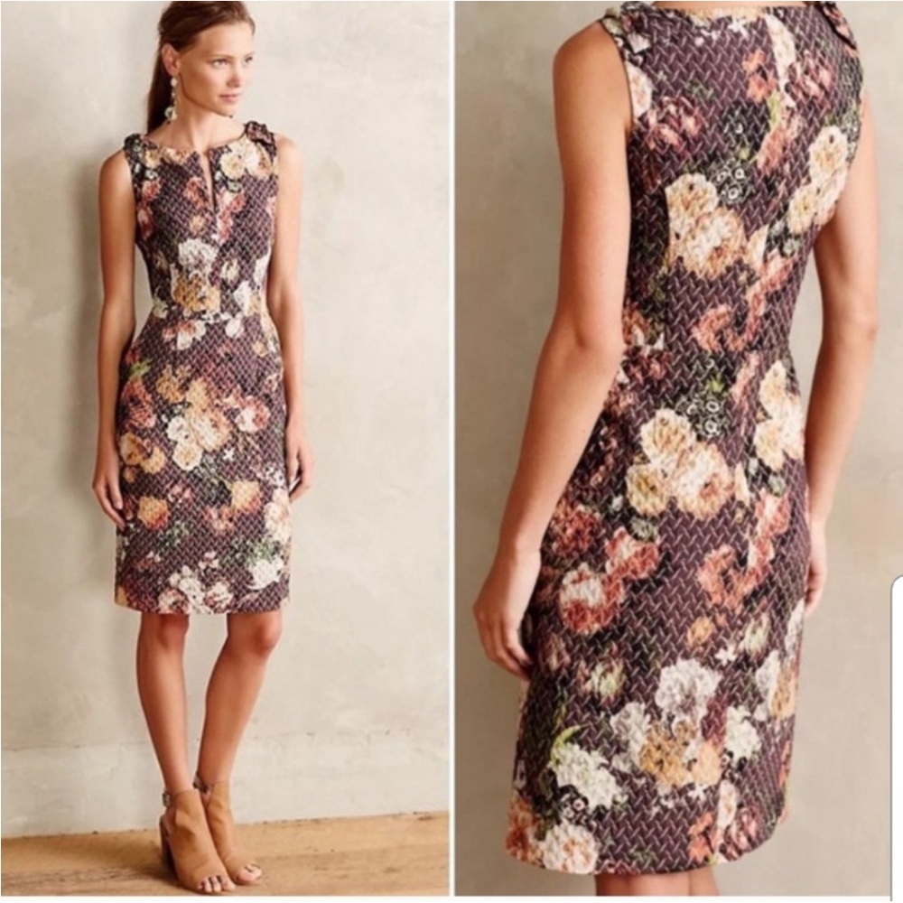 Anthropologie Tabitha Floral Jacquard Sheath Dress 00P in Autumn Hues